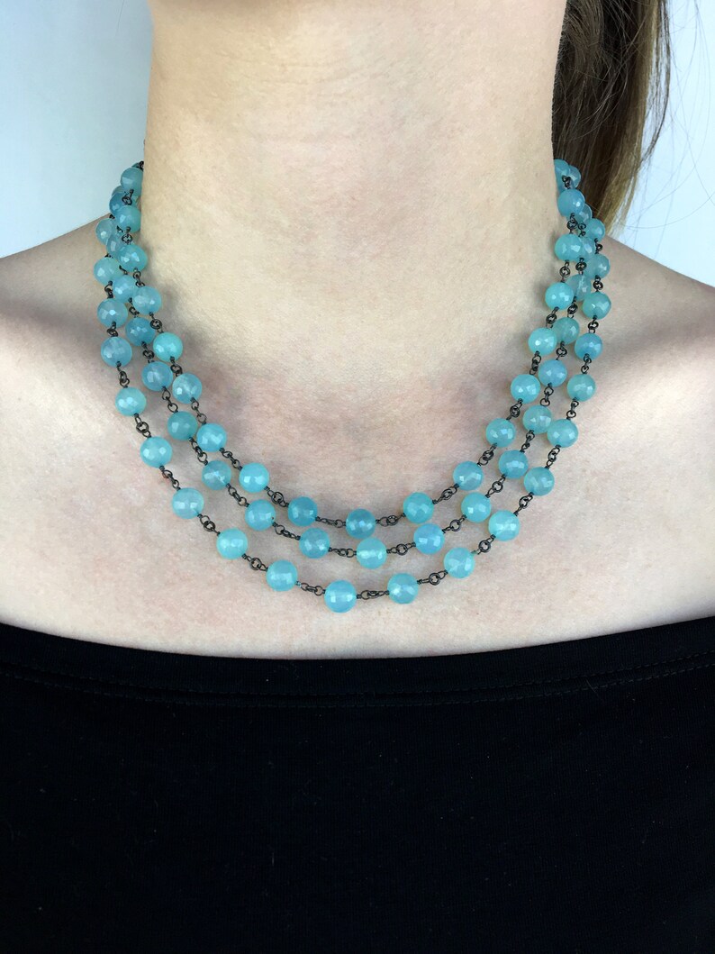 AAA Aqua Chalcedony Natural Genuine Faceted Rounds Wire Wrapped w Oxidized 925 Sterling Silver Wire Statement Necklace