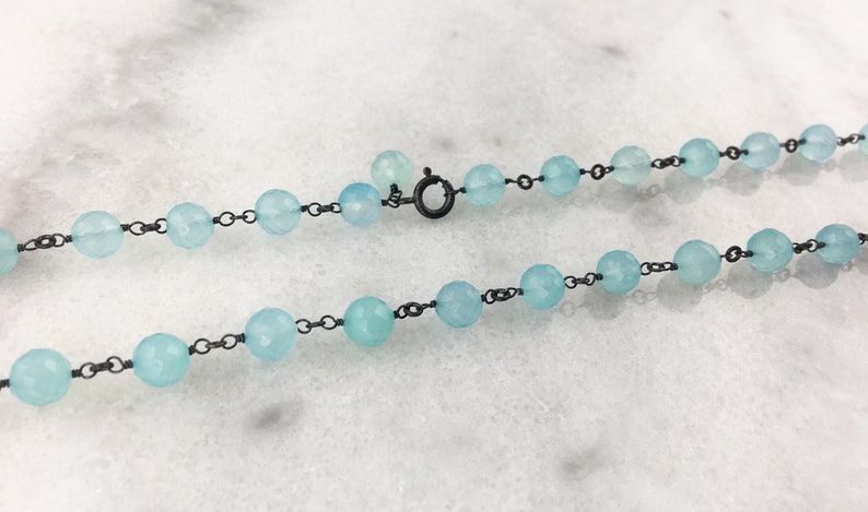 AAA Aqua Chalcedony Natural Genuine Faceted Rounds Wire Wrapped w Oxidized 925 Sterling Silver Wire Statement Necklace