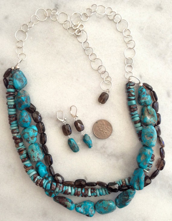 Turquoise (Chocolate) Genuine Natural AAA Nuggets/Discs & Smoky Quartz Rectangles 925 Sterling Silver Statement Necklace-December Birthstone