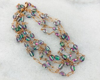 AAA Mystic Topaz Rainbow Natural Genuine Faceted Ovals Wrapped with 14k Rose Gold Filled Wire & Chain Statement Layering Necklace