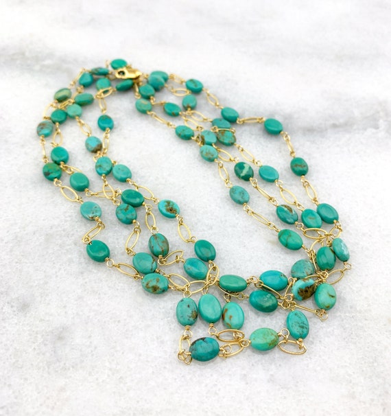 Kingman Turquoise AAA Natural Genuine Smooth Ovals Wrapped w/ Gold Filled Wire/Chain Statement Necklace/December Birthstone/11th Anniversary