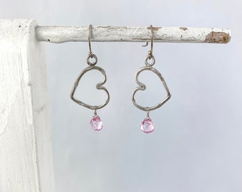 Pink Topaz AAA Teardrops Wrapped w/ Silver on a Hill Tribe Silver Stamped Heart Component Earrings/November Birthstone