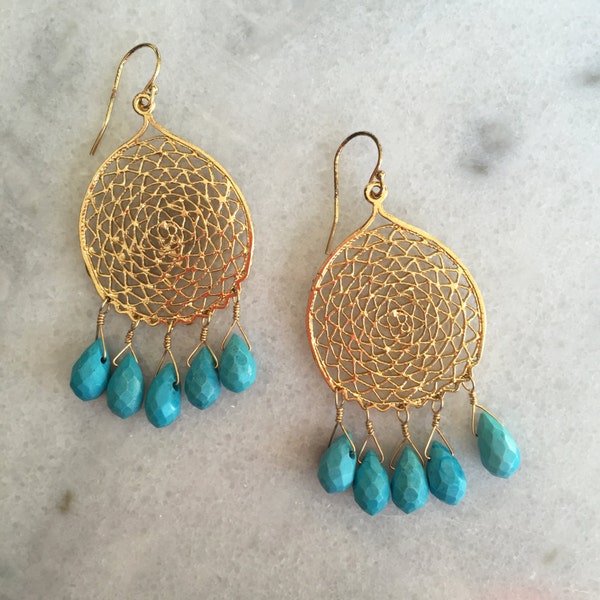 Turquoise AAA Faceted Robins Egg Blue Briolettes Wire Wrapped on a 22K Gold Vermeil Woven Medallion Component Earrings - December Birthstone