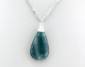 Fluorite (Powerful Healer) AAA Faceted Teardrop Pendant Wrapped w/ 925 Sterling Silver Necklace