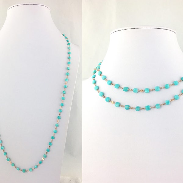 Amazonite Natural Genuine Exotic AAA Smooth Round Square Beads w/14k Rose Gold Filled Disc Stations Wire Wrapped Layering Statement Necklace