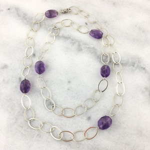 Amethyst AAA Faceted Nuggets Wrapped w/ 925 Sterling Silver Oval Link Chain Statement Necklace-February Birthstone/6th Ann Gem