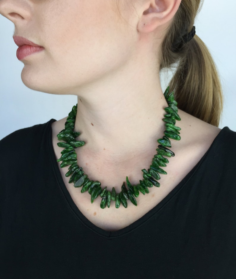 Green Chrome Diopside Exotic Natural Beautiful Genuine Rare Organic Sticks Statement Necklace with 925 Sterling Silver Chain