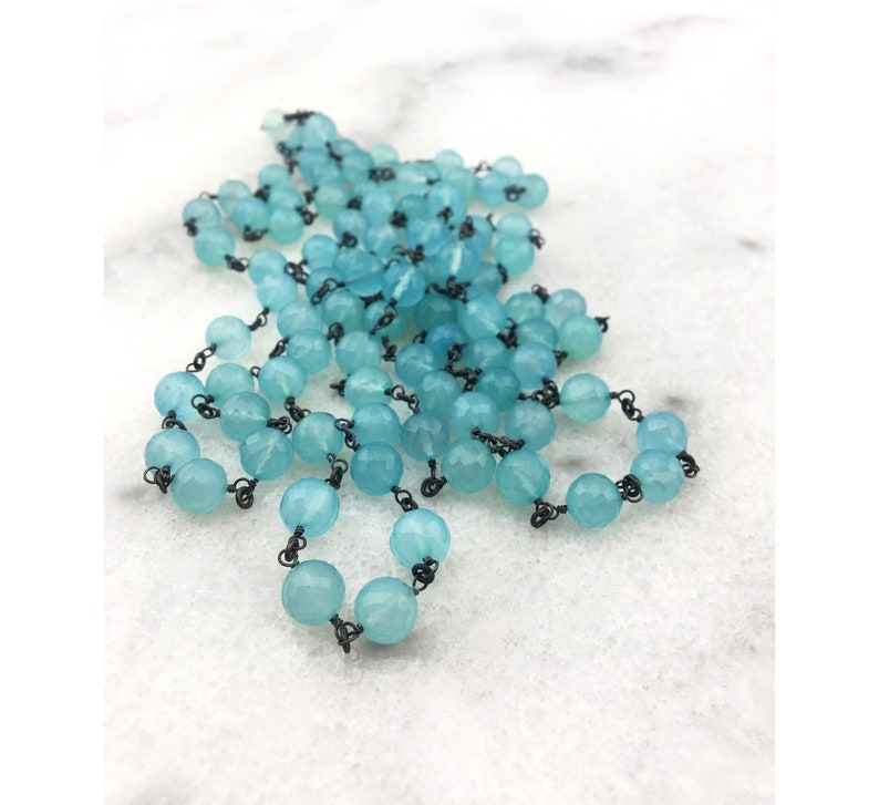 AAA Aqua Chalcedony Natural Genuine Faceted Rounds Wire Wrapped w Oxidized 925 Sterling Silver Wire Statement Necklace
