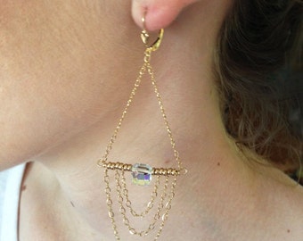 14K Gold Filled Chain Chandelier Earrings with an Octagon AB Clear Swarovski Crystal