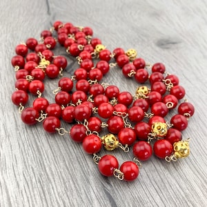 Red Coral AAA Smooth Rounds Natural Genuine with 22k Gold Vermeil Beads Wire Wrapped w/ 14k Gold Filled Wire Statement Necklace/Holiday