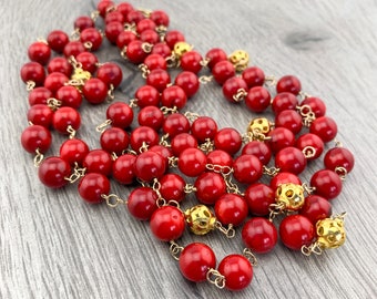 Red Coral AAA Smooth Rounds Natural Genuine with 22k Gold Vermeil Beads Wire Wrapped w/ 14k Gold Filled Wire Statement Necklace/Holiday