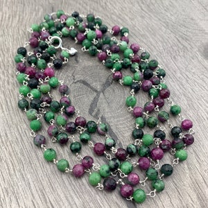 Ruby Zoisite AAA Faceted Rounds Hand Wrapped w/ 925 Sterling Silver Wire Long Statement Necklace-July Birthstone