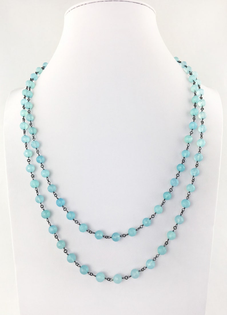 AAA Aqua Chalcedony Natural Genuine Faceted Rounds Wire Wrapped w Oxidized 925 Sterling Silver Wire Statement Necklace