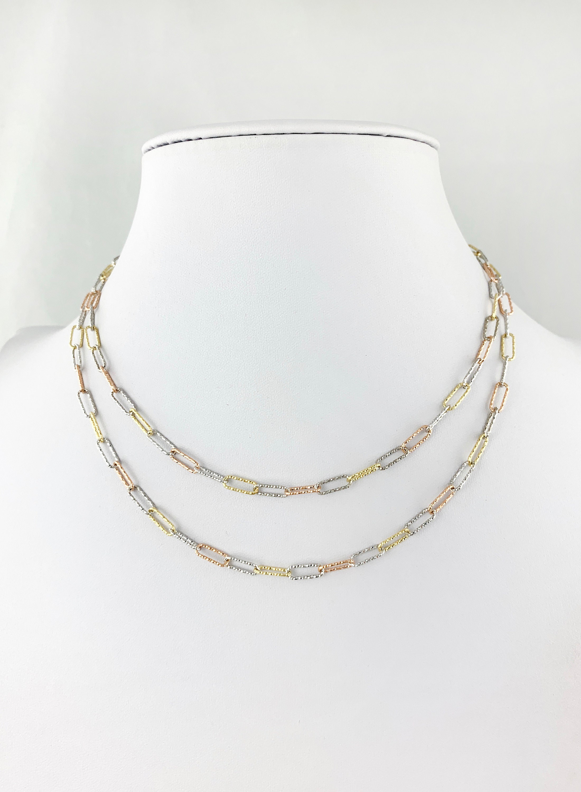 Tricolor Textured Paper Clip Link Chain With 925 Sterling