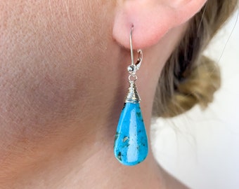 Turquoise Real Natural Genuine AAA Smooth Teardrops Crown Wrapped w/ 925 Sterling Silver Wire Earrings-December Birthstone/11th Ann Gem