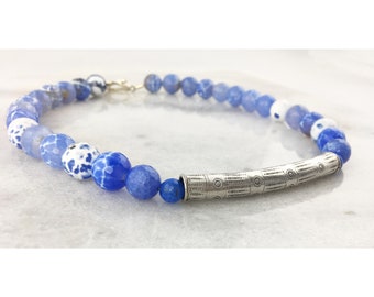 Fire Blue Agate AAA Faceted Round Bead Necklace with Hill Tribe Silver Hand Stamped Bar/Tube Component Pendant-Statement Necklace