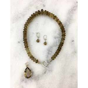 Brazilian Whiskey Quartz Faceted Graduated Natural Genuine Rondelles with a Removable Smoky Quartz Teardrop Pendant-Versatile Necklace