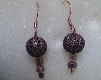 Handmade bronzed globe beaded with gold earrings