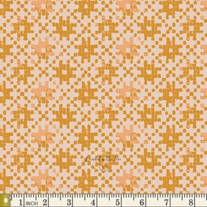 May include: A fabric with a repeating pattern of abstract shapes in shades of gold and peach on a light pink background. The pattern includes small, square-like elements and larger, more complex shapes. The text "Binded with Love" is visible.