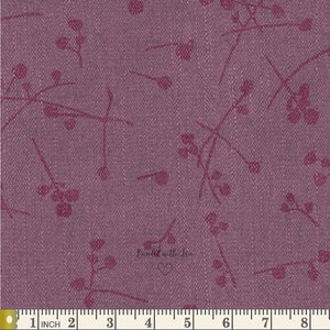 May include: Close-up of a fabric with a textured, mauve background. Darker mauve floral sprigs are scattered across the surface. The text "Binded with Love" is visible in the lower right corner. A measuring tape is at the bottom.