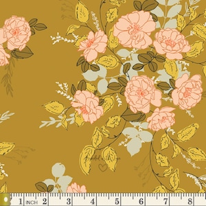 May include: Mustard-colored fabric featuring a floral pattern. The design includes peach-colored roses, olive-green leaves, and delicate white sprigs. The pattern repeats across the fabric, with a measuring tape along the bottom. The text "bonded with love" is visible.