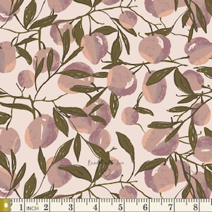 May include: A fabric with a repeating pattern of peaches and olive-green leaves on a light pink background. The peaches are a mix of pink and peach tones. The design includes the text "Binded with Love."