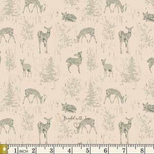 May include: A beige fabric with a repeating pattern of deer and trees in shades of gray. The deer are in various poses, some grazing, others standing. The trees are stylized, creating a forest scene. The text "Binded with Love" is visible.
