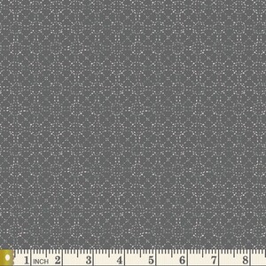May include: Dark gray fabric with a repeating pattern of white, dotted lines forming circles and diamond shapes. The fabric is measured with a ruler showing inches.
