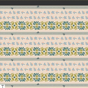 May include: Fabric with a repeating floral pattern in shades of green, blue, and peach on a cream background. The fabric is 44-45 inches wide and features a design of stylized flowers and leaves. The pattern is suitable for various sewing projects.