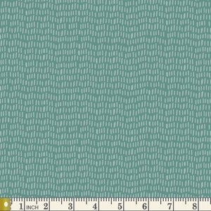 May include: Teal fabric with a repeating pattern of vertical, dashed lines in a lighter shade of teal. The fabric is measured with a ruler showing inches, with the fabric spanning approximately 8 inches.