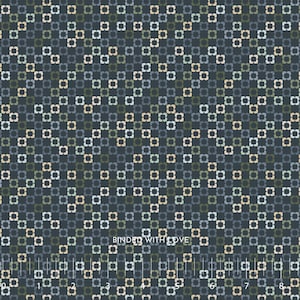 May include: Dark teal fabric with a repeating pattern of small, four-petal flower shapes in shades of beige, green, and gray. The words "BOUND WITH LOVE" are printed on the fabric. A ruler is at the bottom.