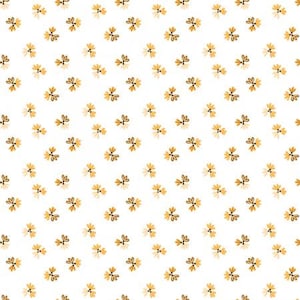 May include: A white background is covered with a repeating pattern of small, stylized flowers. The flowers are a mix of yellow and brown, with a simple, symmetrical design. The overall effect is delicate and cheerful.