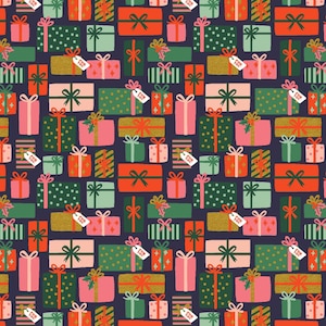 May include: A repeating pattern of colorful gift boxes on a dark blue background. The gifts are in various sizes and shapes, with bows and tags that read "For You." Colors include red, green, pink, and gold.