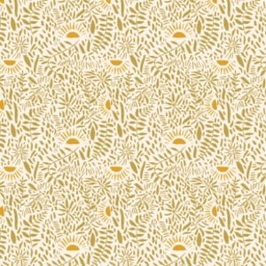May include: A repeating pattern featuring a cream-colored background with a design of golden-yellow suns, leaves, and dotted textures. The design is consistent across the image, creating a cohesive and decorative pattern.