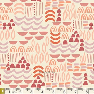 May include: Cream-colored fabric with a repeating pattern of abstract shapes in shades of red, orange, and pink. The design includes arches, wavy lines, and vertical stripes. The fabric is measured with a ruler showing inches.