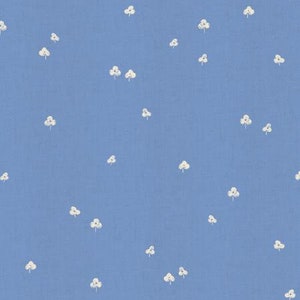 May include: A light blue fabric with a repeating pattern of small, white, three-leaf clover designs. The clovers are scattered across the surface, creating a delicate and airy aesthetic. The fabric has a slightly textured appearance.
