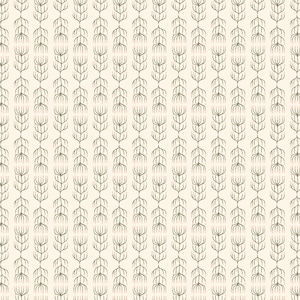 May include: A repeating pattern of stylized botanical elements in olive green on a cream background. The design features vertical rows of interconnected, branch-like structures, creating a textured, organic aesthetic. The pattern is suitable for textiles or wallpaper.