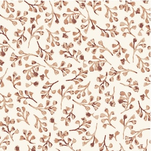 May include: A repeating pattern featuring small, stylized sprigs of leaves in shades of terracotta and muted brown scattered across a solid off-white background. The botanical elements are rendered with a soft, painterly texture throughout.