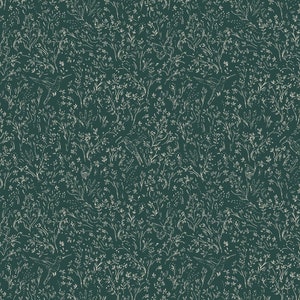 May include: Dark teal wallpaper with a repeating pattern of stylized hummingbirds and foliage in a cream color. The design features detailed botanical elements, creating a nature-inspired aesthetic. The overall effect is a dense, textured pattern.
