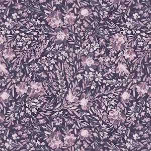 May include: A dark navy floral pattern featuring a dense arrangement of stylized flowers and foliage in shades of lavender, mauve, and white. The design has a painterly, hand-drawn quality, creating a textured and organic feel. The overall aesthetic is reminiscent of vintage botanical illustrations.