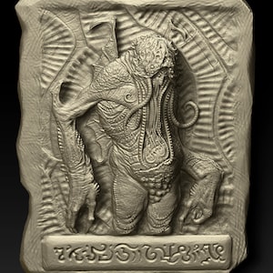 May include: A detailed, grey stone relief sculpture of a monstrous creature with tentacles and a large head. The creature is depicted in a standing pose with its arms raised. The sculpture is set against a textured background and includes an inscription in an unknown language.