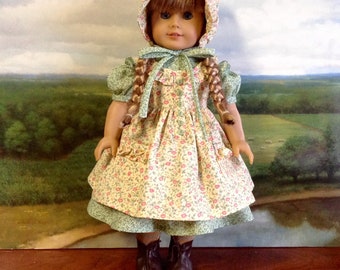18 inch Doll Yellow and Green Prairie Dress with Bonnet