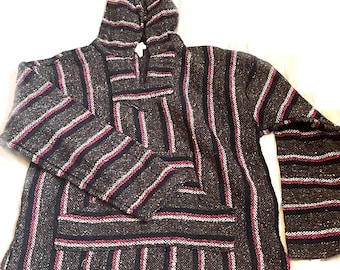Mexican Baja Hoodie Jerga Recycled Fibers Pull Over Sweater Unisex Multi Stripes Colors Winter L Sz Free shipping