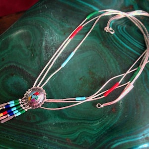Vintage Liquid Silver Strands Bead Necklace with Multi zuni Inlay Stone Beads and Pendant Charm