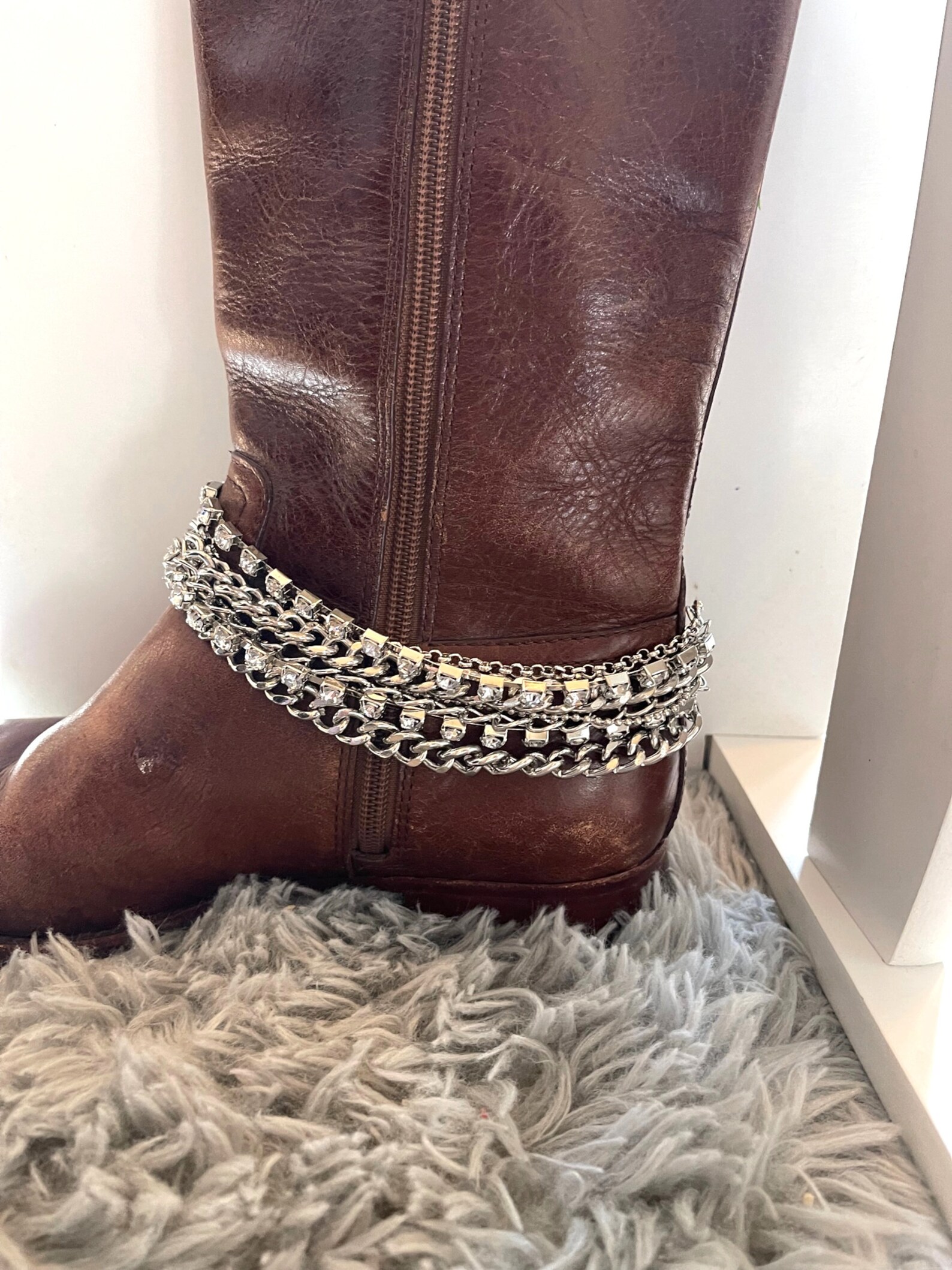 Boot Chain With Multiple Strands Straps Biker Curb Chains Rhinestone ...
