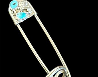 Sterling Silver Flying Eagle and Turquose Safety Pin with Key Ring Hand Crafted by Navajo Indian