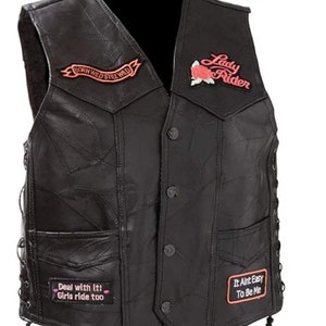 Vintage Lady Rider Biker Leather Vest Multiple 9 Patches Big Heart Born ...