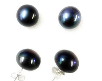 Genuine Fresh Water Black Pearl Sterling Silver 8mm Stud Earrings Post Pierced