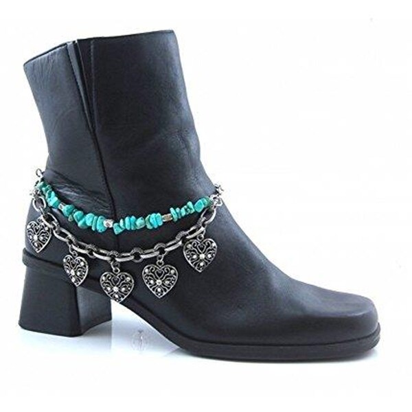 Boot Jewelry Ankle Bracelet Chain Multiple Filagree & Turquoise Hearts Charms with Rhinestone Crystals  Adjustable Chain