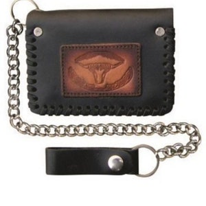 Cartera de cadena de cuero hecha a mano Cartera de vaquero de buey de cuerno largo de toro con cadena de metal triple